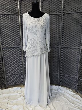J Kara White Long Sleeve Beaded Evening Gown